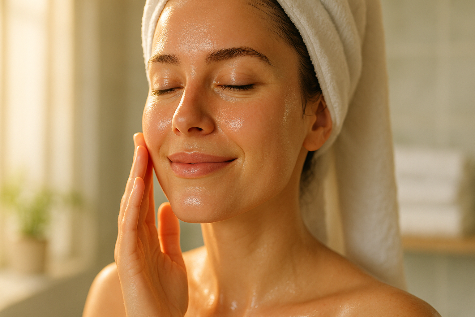 2️⃣ Hydrated, Glowing Skin (Solution to Dry, Itchy Skin)

Image Style: Close-up of fresh, hydrated face or arm after shower.

Mood: Fresh, clean, relaxed smile.

Background: Soft blurred bathroom/towel background, morning light.

AI Prompt:
Close-up realistic photo of a young woman touching her glowing hydrated skin after a shower, fresh bathroom background blurred, natural morning light, 16:9 ratio.
